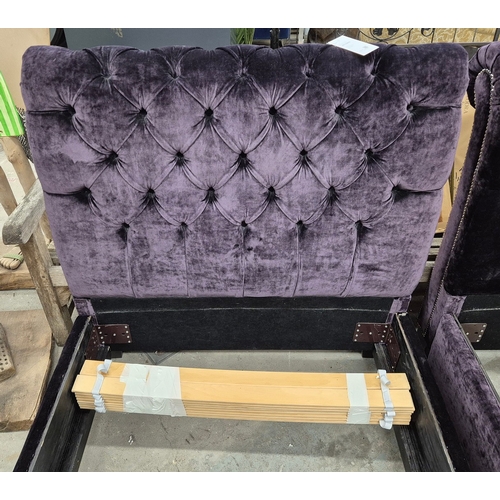 323 - PAIR OF SINGLE BED FRAMES. in buttoned purple velvet each 100cm w x 105cm t.