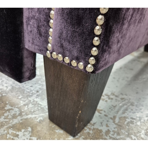 323 - PAIR OF SINGLE BED FRAMES. in buttoned purple velvet each 100cm w x 105cm t.