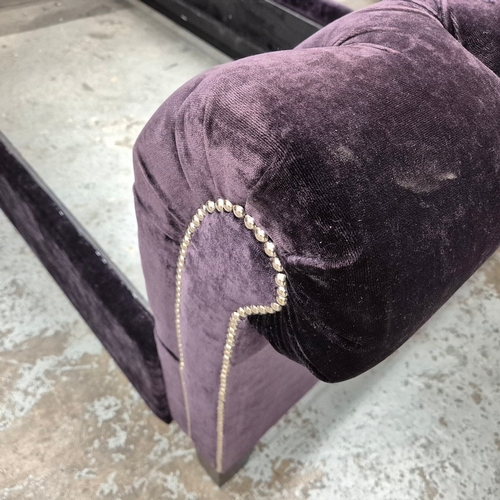 323 - PAIR OF SINGLE BED FRAMES. in buttoned purple velvet each 100cm w x 105cm t.