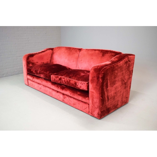 325 - SOFA, RED VELVET. 85cm t x 231cm w x 95cm d.
