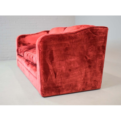 325 - SOFA, RED VELVET. 85cm t x 231cm w x 95cm d.