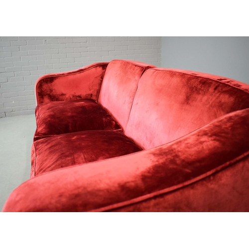 325 - SOFA, RED VELVET. 85cm t x 231cm w x 95cm d.