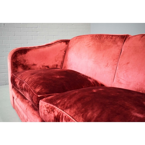 325 - SOFA, RED VELVET. 85cm t x 231cm w x 95cm d.
