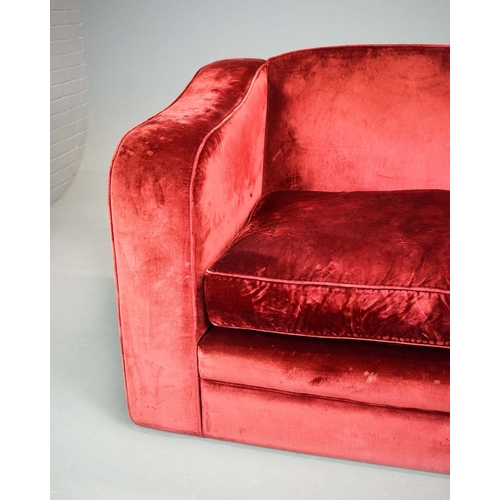 325 - SOFA, RED VELVET. 85cm t x 231cm w x 95cm d.