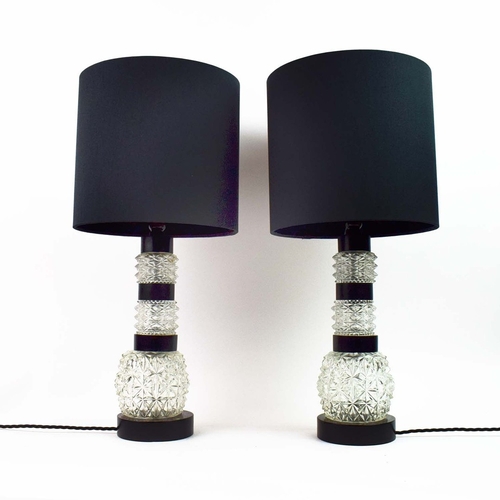 326 - TABLE LAMPS, A PAIR, CUT GLASS. with black shades, each 66cm t overall (2).