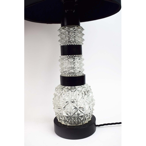 326 - TABLE LAMPS, A PAIR, CUT GLASS. with black shades, each 66cm t overall (2).