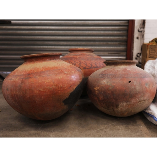 332 - INDIAN GHARA STYLE POTS, A COLLECTION OF 3 VARIOUS. 65cm diam. at largest approx. (3).