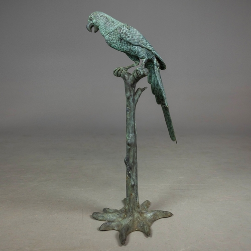 336 - CONTEMPORARY SCHOOL SCULPTURAL STUDY OF PARROT ON BRANCH. cast metal, 124cm H approx.