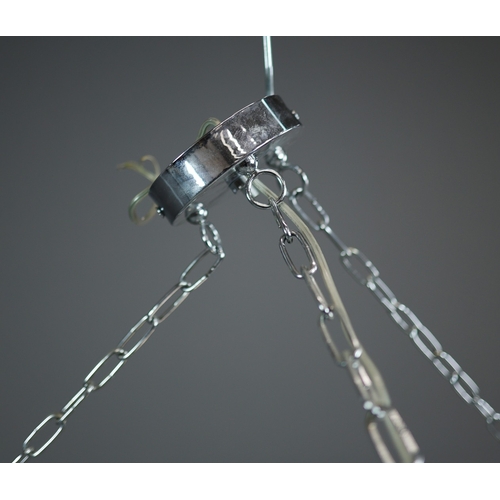 342 - CHANDELIER. polished metal frame with drops hiding 2 tiered lighting.