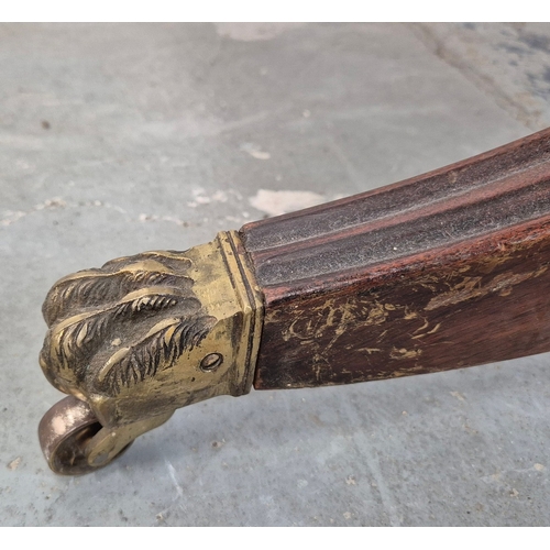 346 - DINING TABLE, REGENCY STYLE. mahogany, with two pedestals each with tripod supports, with two leaves... 
