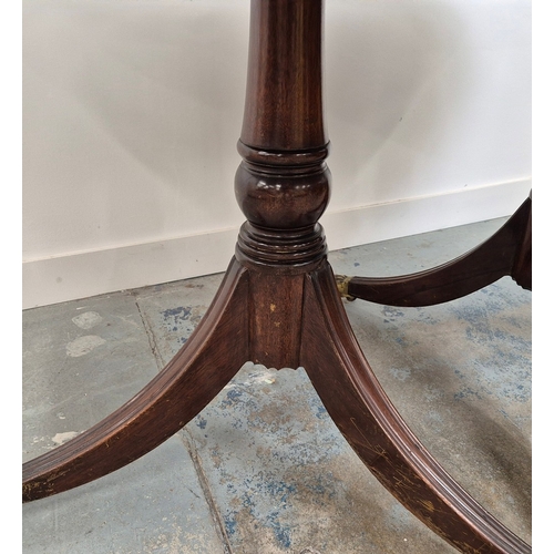 346 - DINING TABLE, REGENCY STYLE. mahogany, with two pedestals each with tripod supports, with two leaves... 