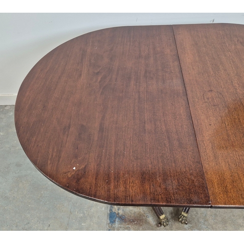 346 - DINING TABLE, REGENCY STYLE. mahogany, with two pedestals each with tripod supports, with two leaves... 