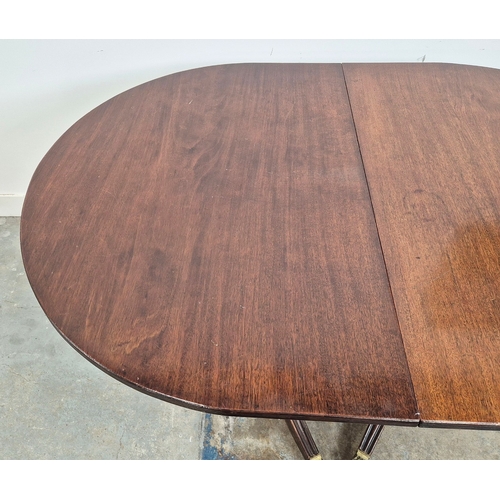 346 - DINING TABLE, REGENCY STYLE. mahogany, with two pedestals each with tripod supports, with two leaves... 