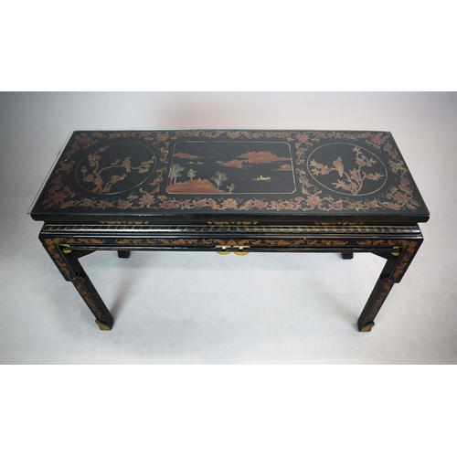 348 - CHINESE CONSOLE TABLE. ebonised, scarlet and gilt Chinoiserie decorated, 81cm H x 129cm x 46cm.