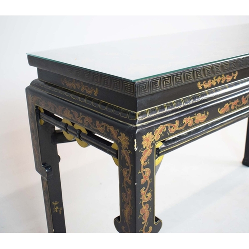 348 - CHINESE CONSOLE TABLE. ebonised, scarlet and gilt Chinoiserie decorated, 81cm H x 129cm x 46cm.