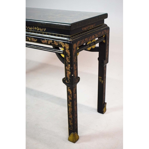 348 - CHINESE CONSOLE TABLE. ebonised, scarlet and gilt Chinoiserie decorated, 81cm H x 129cm x 46cm.