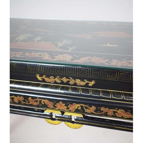 348 - CHINESE CONSOLE TABLE. ebonised, scarlet and gilt Chinoiserie decorated, 81cm H x 129cm x 46cm.