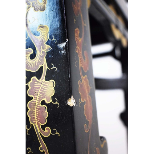 348 - CHINESE CONSOLE TABLE. ebonised, scarlet and gilt Chinoiserie decorated, 81cm H x 129cm x 46cm.