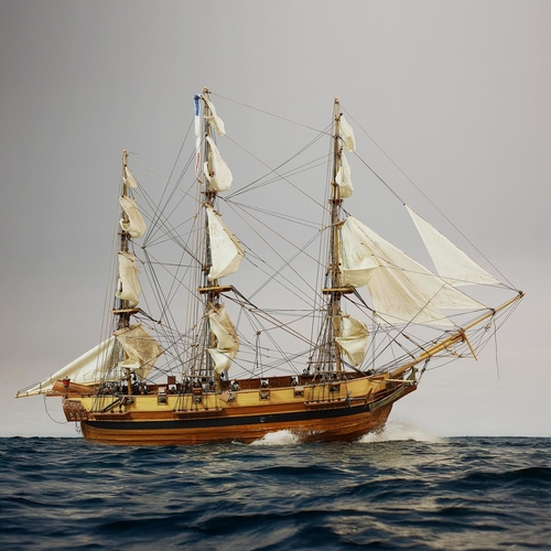 349 - MODEL OF A SQUARE RIGGED SHIP. on a small stand, plaque reads 