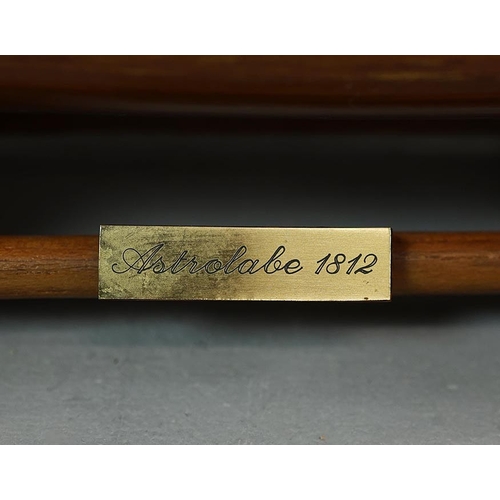 349 - MODEL OF A SQUARE RIGGED SHIP. on a small stand, plaque reads 