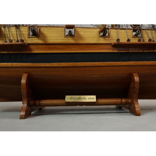 349 - MODEL OF A SQUARE RIGGED SHIP. on a small stand, plaque reads 