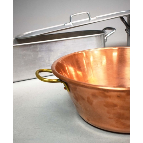 354 - A COLLECTION OF FIVE KITCHEN FISH POACHERS AND PANS. (5). comprising an aluminium turbot poacher and... 