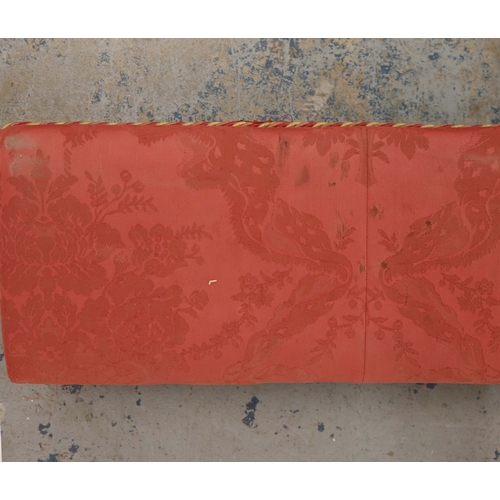 358 - 19TH CENTURY FRENCH BEECHWOOD HEARTH STOOL. long and low in crimson damask with six decoratively car... 