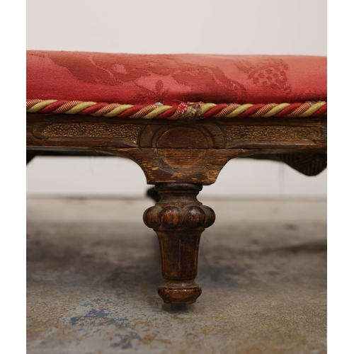 358 - 19TH CENTURY FRENCH BEECHWOOD HEARTH STOOL. long and low in crimson damask with six decoratively car... 