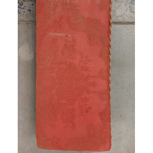 358 - 19TH CENTURY FRENCH BEECHWOOD HEARTH STOOL. long and low in crimson damask with six decoratively car... 
