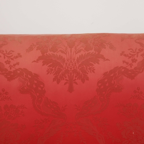 359 - KNOLE SOFA. with drop ends in crimson damask, with bullion fringe 88cm t x 158cm w x 86cm d.