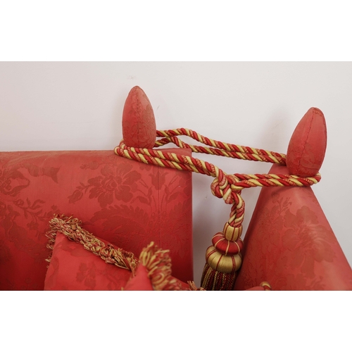 359 - KNOLE SOFA. with drop ends in crimson damask, with bullion fringe 88cm t x 158cm w x 86cm d.