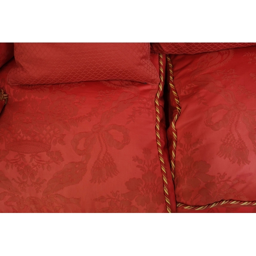 359 - KNOLE SOFA. with drop ends in crimson damask, with bullion fringe 88cm t x 158cm w x 86cm d.