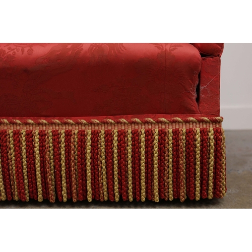 359 - KNOLE SOFA. with drop ends in crimson damask, with bullion fringe 88cm t x 158cm w x 86cm d.