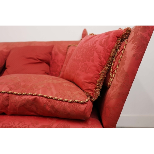 359 - KNOLE SOFA. with drop ends in crimson damask, with bullion fringe 88cm t x 158cm w x 86cm d.