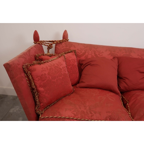 359 - KNOLE SOFA. with drop ends in crimson damask, with bullion fringe 88cm t x 158cm w x 86cm d.