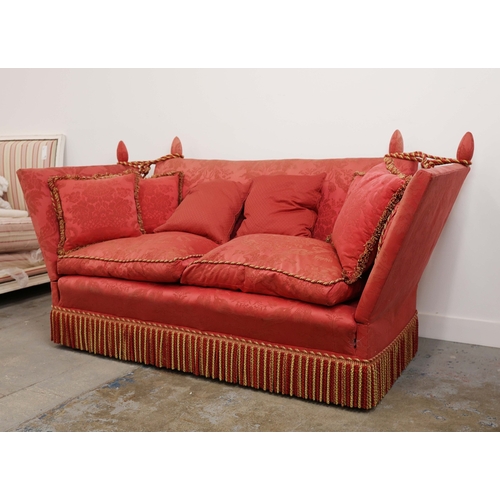 359 - KNOLE SOFA. with drop ends in crimson damask, with bullion fringe 88cm t x 158cm w x 86cm d.