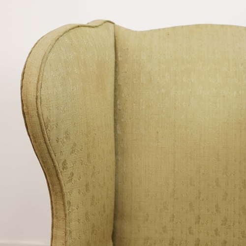 360 - GEORGE III ELM WING ARMCHAIR. Circa 1800, in green patterned upholstery 83cmw x 123cm t.