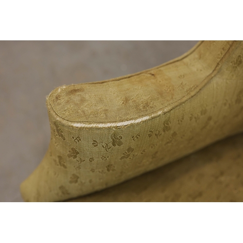 360 - GEORGE III ELM WING ARMCHAIR. Circa 1800, in green patterned upholstery 83cmw x 123cm t.