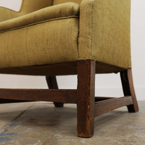 360 - GEORGE III ELM WING ARMCHAIR. Circa 1800, in green patterned upholstery 83cmw x 123cm t.