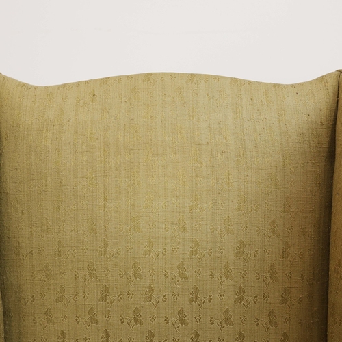 360 - GEORGE III ELM WING ARMCHAIR. Circa 1800, in green patterned upholstery 83cmw x 123cm t.
