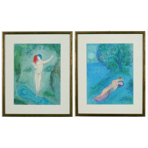 72 - AFTER MARC CHAGALL. 2 X OFFSET LITHOGRAPHS FROM DAPHNIS AND CHLOE. with linen mounts, 23cm x 30.5cm.