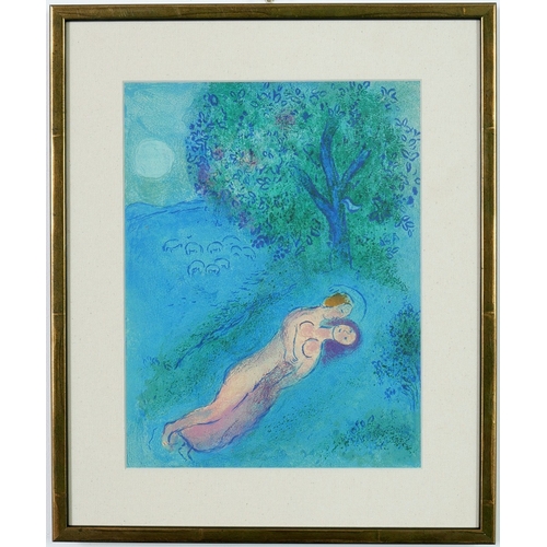 72 - AFTER MARC CHAGALL. 2 X OFFSET LITHOGRAPHS FROM DAPHNIS AND CHLOE. with linen mounts, 23cm x 30.5cm.