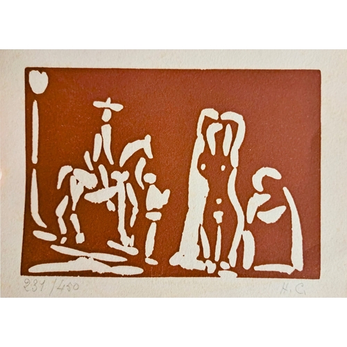 77 - PABLO PICASSO (1881-1973). CAVALIER ON HORSEBACK, HIS VALET, LA CELESTINE AND NUDE (NEW YEARS CARD F... 