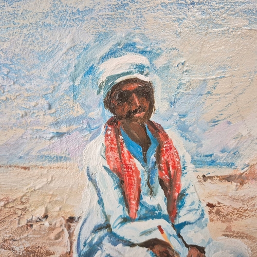 81 - KEN DAVIS. CAMEL DRIVER AND PYRAMIDS. oil on board, 50cm x 60cm, framed.