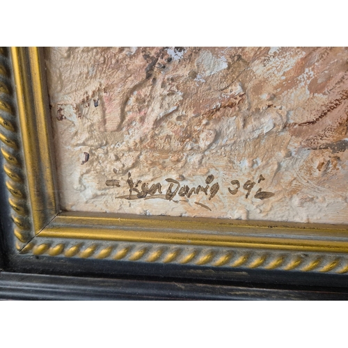 81 - KEN DAVIS. CAMEL DRIVER AND PYRAMIDS. oil on board, 50cm x 60cm, framed.