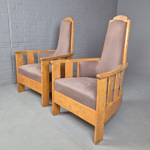 11 - PAIR OF 1920s ART DECO SWEDISH GRACE BIRCH ARMCHAIRS. Of slatted construction with grey upholstered ... 