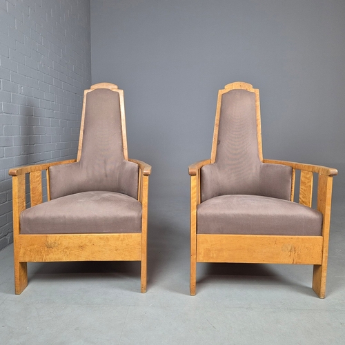 11 - PAIR OF 1920s ART DECO SWEDISH GRACE BIRCH ARMCHAIRS. Of slatted construction with grey upholstered ... 