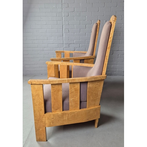 11 - PAIR OF 1920s ART DECO SWEDISH GRACE BIRCH ARMCHAIRS. Of slatted construction with grey upholstered ... 