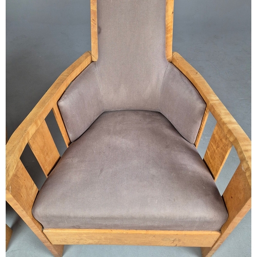 11 - PAIR OF 1920s ART DECO SWEDISH GRACE BIRCH ARMCHAIRS. Of slatted construction with grey upholstered ... 