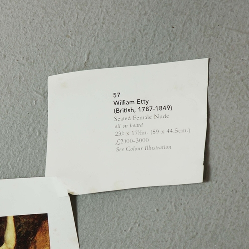 1 - WILLIAM ETTY R.A. (BRITISH 1787- 1849). SEATED FEMALE NUDE. oil on board, 71cm x 57cm, framed, Prove... 